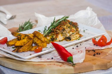Mantar soslu tavuk göğsü ve masada patates kızartması..