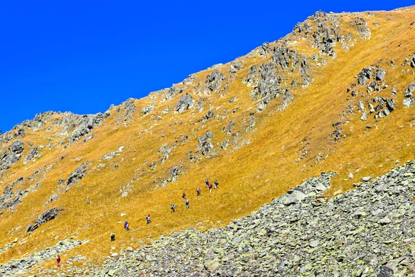 Hiking group of tourists ascent to the mountain pass — Stock Photo, Image