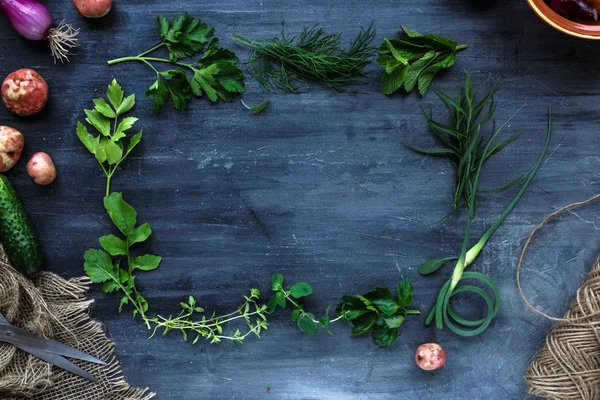 Moldura de ervas frescas no fundo escuro: salsa, endro, aipo, tomilho, manjerona, lugar para texto — Fotografia de Stock