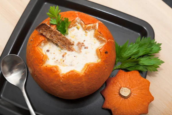 Cheese cream soup in a pumpkin — Stock Image Cheese cream soup in a pumpkin Stock Image