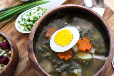 kuzukulağı üzerinde tablo yakın çekim yeşil çorba, lezzetli