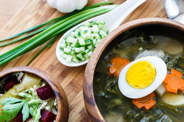 Köstliche grüne Suppe mit Sauerampfer auf dem Tisch in Großaufnahme — Stockfoto