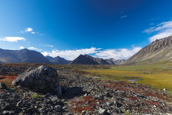 Bunte felsige Tundra vor dem Flusstal zwischen Bergen — Stockfoto