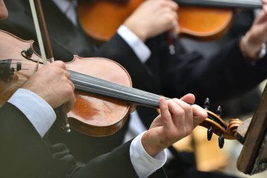 Konser sırasında keman, eller ve yaylarla 