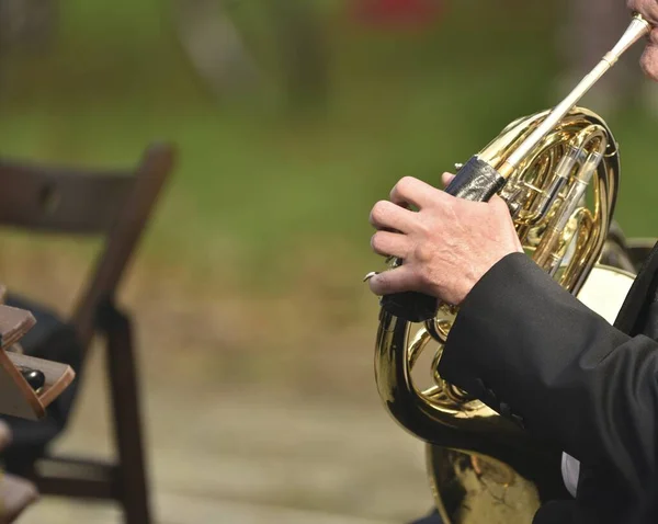 Ein Waldhorn Den Händen Eines Musikers Während Eines Klassikkonzerts — Stockfoto