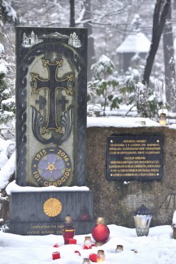 Ermeni taş haçı kış manzarasında. Levhadaki yazıda, bunun 1915 yılında Osmanlı İmparatorluğu 'nda işlenen ve 1,5 milyon Ermeni' nin öldüğü soykırım kurbanlarının anısına dikildiği yazıyor. 