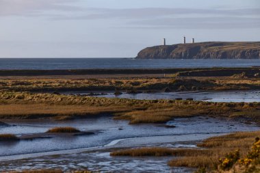 Uçurumunda İrlanda anıtı olan su gölü. Tramore doğa rezervi. Waterford. İrlanda. yatay