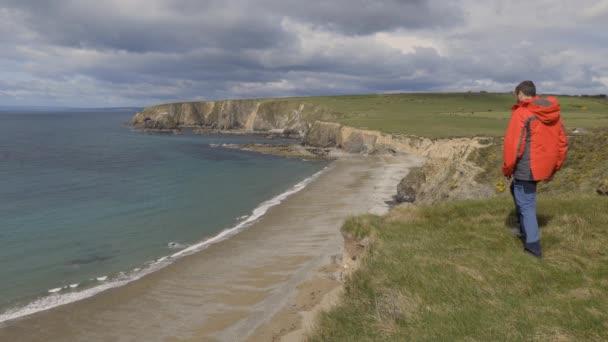 Alpinista Klifie Obserwujący Krajobraz Plaży Kilfarrasy Waterford Coastline Irlandia — Wideo stockowe