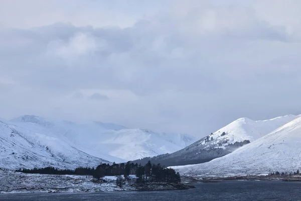 Inverno Escócia Com Montanhas Muito Nevadas Ambiente Frio Pequena Floresta — Fotografia de Stock