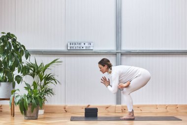 Kakasana duruşları, çekici bir kadının yoga yaparken meditasyon yapması. Yaşam tarzı konsepti ve iyi akıl sağlığı.
