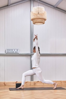 Çekici, kaslı genç bir kadının spor salonunda hatha yogası yaparken, Virabhadrasana 2 ya da Warrior 'da çıplak ayakla ayaktayken görüntüsü. konsantrasyon