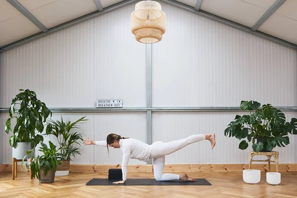 Güzel bir spor salonunda kompleks egzersizler ve yoga yapan genç bir Rus kadın.