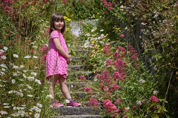 Mädchen Einem Rosa Kleid Umgeben Von Blumen Der Natur Der — Stockfoto