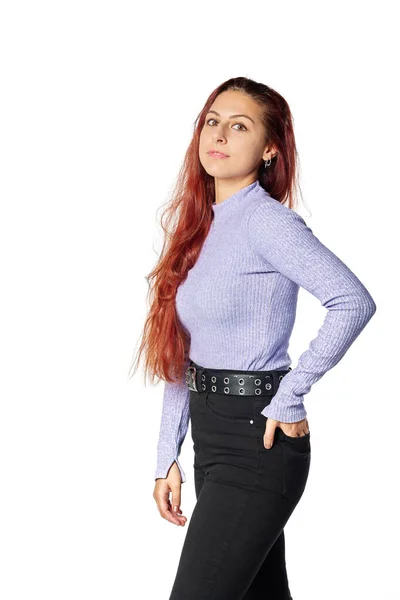 Jonge Zakenvrouw Met Rood Haar Casual Kleding Met Een Uitdrukking — Stockfoto