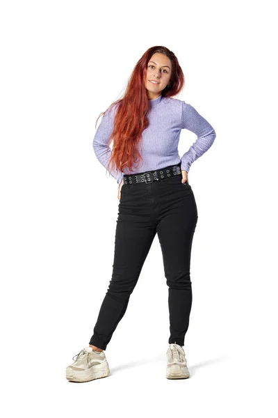 Full Body Attractive Young Woman Looking Camera Red Hair Sweater — Stock Photo, Image