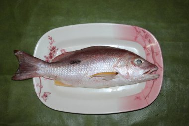 Tabakta taze kırmızı levrek. Deriyle temiz görünüyor.