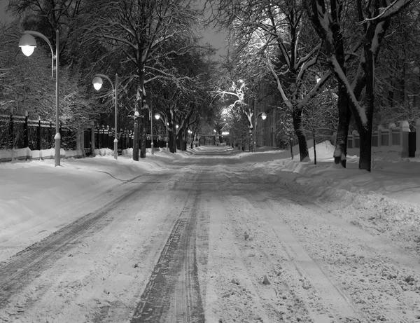 Noční světlo s lucernami zasněžené silnice. Vodorovný řez. Černá & bílá — Stock fotografie