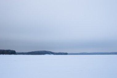 Kış Gölü gösterisi ile kaplı. Ağaçlar ufukta. Bulutlu gökyüzü