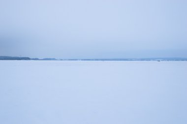 Kış Gölü gösterisi ile kaplı. Horizont ağaçta. Bulutlu gökyüzü ve