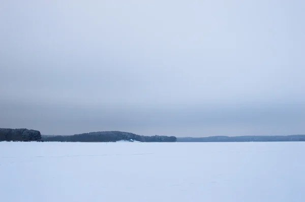 Lago de invierno cubierto de espectáculo. Árboles en el horizonte. Cielo nublado — Foto de Stock