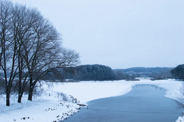 Rivière d'hiver et montrer les rives. Arbres et ciel nuageux. Horizontal v — Photo