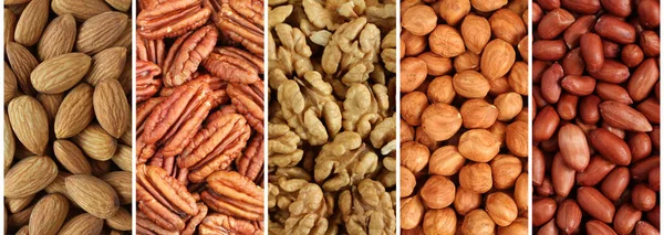 Nuts Collage Long Banner Almonds Pecan Nuts Walnuts Hazelnuts Peanuts — Stock Photo, Image