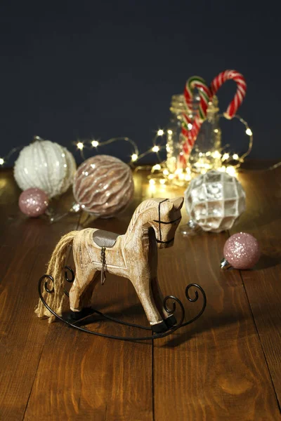 Christmas Decoration Wooden Toy Rocking Horse Balls Christmas Tree New — Stock Photo, Image