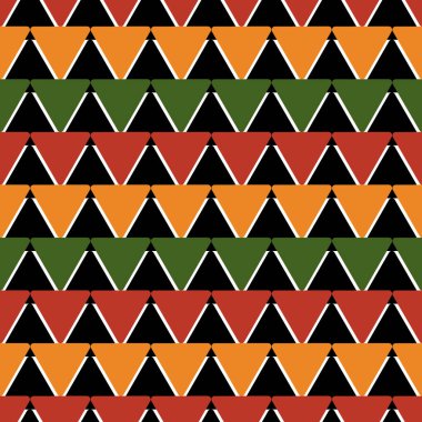 Kırmızı, sarı, yeşil, siyah basit üçgenlerle Afrika kabilesinin kusursuz deseni. Arka plan, tekstil, kağıt ve kumaş için geleneksel vektör süsü. Kwanzaa, Siyahların Tarihi Ayı