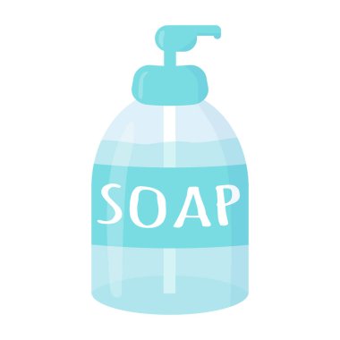 Elleri dezenfekte etmek için plastik bir şişede sıvı sabun. Virüs ve bakterilerden korunmak için el yıkama kavramı. Kişisel hijyen. düz vektör çizimi izole edildi 