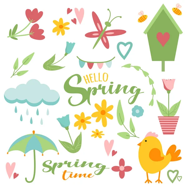Spring Easter Clip Art Set Simple Flat Hand Drawn Style — Stock Vector