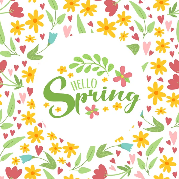 Basit düz el çizim tarzında bahar çiçeği elementleriyle kusursuz desenli arkaplan. Merhaba Spring vektörü. Çiçekler, yapraklar, kalpler. Paskalya, 8 Mart duvar kağıdı tasarımı, tebrik kartı