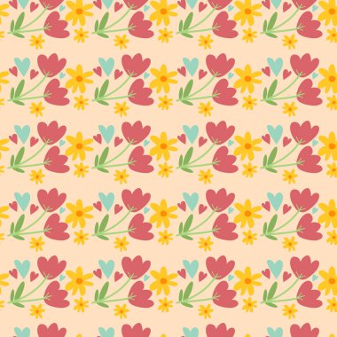 Basit düz el çizim tarzında bahar çiçekleri olan kusursuz desenli arkaplan. Hoş vektör duvar kağıdı arka planı. Çiçekler, kalpler. Paskalya, 8 Mart duvar kağıdı, tekstil tasarımı, dijital kağıt.