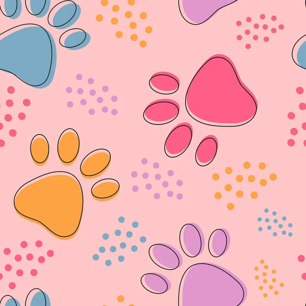 Cute Seamless Pattern Colorful Pets Paws Cat Dog Footprint Outline — Stock Vector