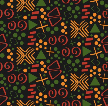 Tribal African ethnic seamless pattern with simple lines and figures in red, yellow and green. Vector traditional black background, textile, paper, fabric. Kwanzaa, Black history month, Juneteenth clipart