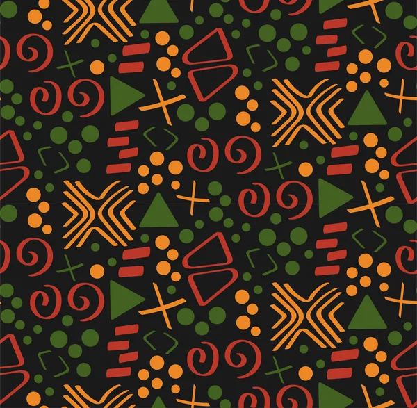 Basit çizgiler ve kırmızı, sarı ve yeşil figürlerle Afrika kabilesinin kusursuz deseni. Geleneksel siyah arka plan, tekstil, kağıt, kumaş. Kwanzaa, Siyahların Tarihi Ayı, Haziran