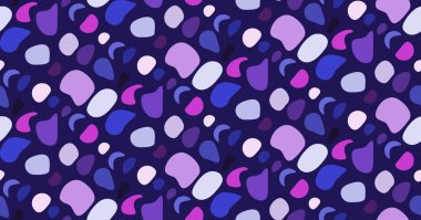 Taş renkli çakıl taşı pürüzsüz desen. Vektör çizimi koyu arkaplan. Renkli modern moda mevsimi deniz okyanusu arka planında pembe ve mor renkler koyu mavi arka planda