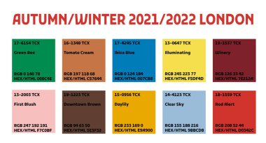 Moda renk trendi Sonbahar Kış 2021. Gelecekteki moda renklerin tahmin renk paleti. Swatch koleksiyonu RGB HEX renk kodlarıyla ayarlandı. Vektör illüstrasyonu beyaz arkaplanda izole edildi