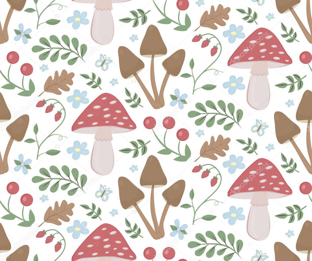Cottagecore forest background with amanita mushrooms, wild berries, flowers and leaves. Vector seamless pattern in hand drawn style. Autumn fall summer spring rural elements backdrop. Cute wallpaper texture, wrapping paper, textile