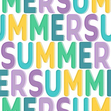 Metinli, modaya uygun bir model. Summer 'ın beyaz arka planda parlak renkli harflerle tekrar etmesi. Sevimli mevsimsel arka plan vektör çizimi dokusu.