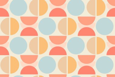 Modern soyut geometrik dikişsiz desen, dairesel şekiller ve modaya uygun pastel renkler. Vektör illüstrasyon geçmişi. Bauhaus stili baskı arkaplan tasarımı dokusu.