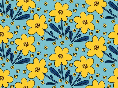 Çiçeksiz karalama şablon vektör arka planı. Basit, çocuksu, saf bir el çiçek arkaplanı. Mavi üzerine siyah mürekkep çizgili sarı nergis çiçeği. Vektör çizimi. Tekstil, ambalaj kağıdı, web tasarımı