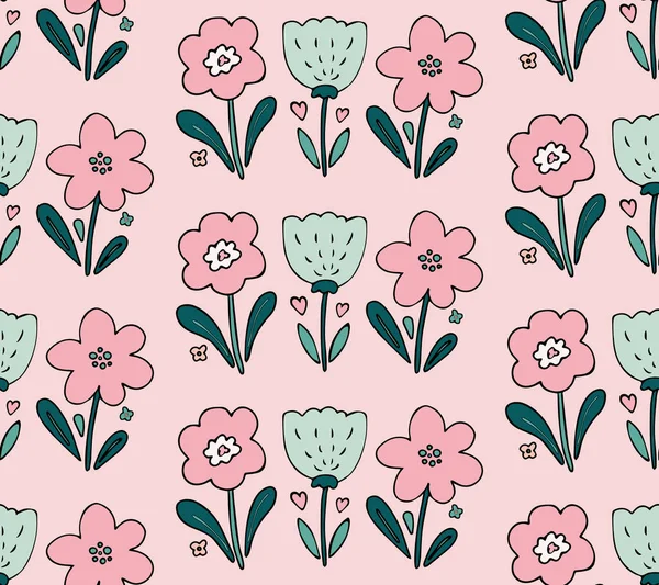 Niedliche Nahtlose Muster Vektor Hintergrund Mit Handgezeichneten Roten Tulpenblüten Doodle — Stockvektor