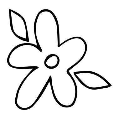 Elindeki sevimli çiçek karalaması basit bir şekilde çizilmiş. Beyaz arka planda izole edilmiş yaprak elementi olan çocuksu çizim bitkisinin çiçek vektör çizimi. Siyah mürekkep çizgisi.