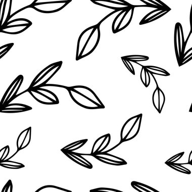 Elinde bitki dalı karalaması olan hoş, pürüzsüz desen. Basit bir şekilde çizilmiş. Çocuksu çizim tarzının çiçek vektör arkaplanı. Tasarım elementi, siyah beyaz tek renkli botanik arkaplan