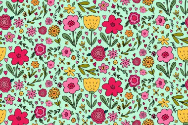 Kusursuz desenli, çeşitli el çizimleri olan, çiçek, bitki, dal, kalp gibi basit karalamalar. Şirin vektör illüstrasyonu. Parlak renkli arka plan, bahar çiçekleri, sınırlı renk paleti.