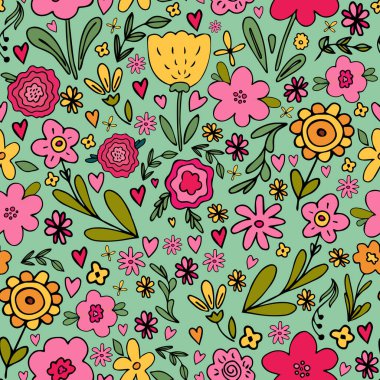 Büyük bir el çizimi ile kusursuz desen basit karalamalar - çiçek, bitki, dal, kalp. Şirin vektör illüstrasyonları parlak yeşil arka plan, bahar çiçekleri, sınırlı renk paleti