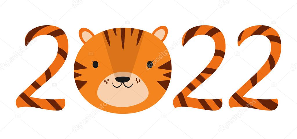 2022 orange numbers with stripes isolated on white. Cute Chinese New Year 2022 Christmas logo with baby tiger character face. Lunar zodiac symbol of 2022 Year of Tiger. Idea for children calendar card