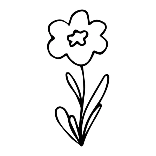 Bonito garabato flor en mano dibujado estilo simple. Ilustración vectorial floral de planta de dibujo infantil con elemento de hojas para diseño aislado sobre fondo blanco. Arte de línea de tinta negra — Vector de stock