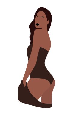 Bikinili soyut kadın vücut silueti. Yaz plajı mayosu giyen genç bir kız. Bir kadın cesedi. Minimalist moda trendi vektör illüstrasyonu beyazda izole edildi. Güzel, çekici kadın figürü.