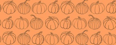Balkabağı portakalı sonbahar arka planı. Değişik kabak sebzeleri ve siyah hatları olan pürüzsüz bir şablon. Sevimli sonbahar dokusu tasarımı izole edildi